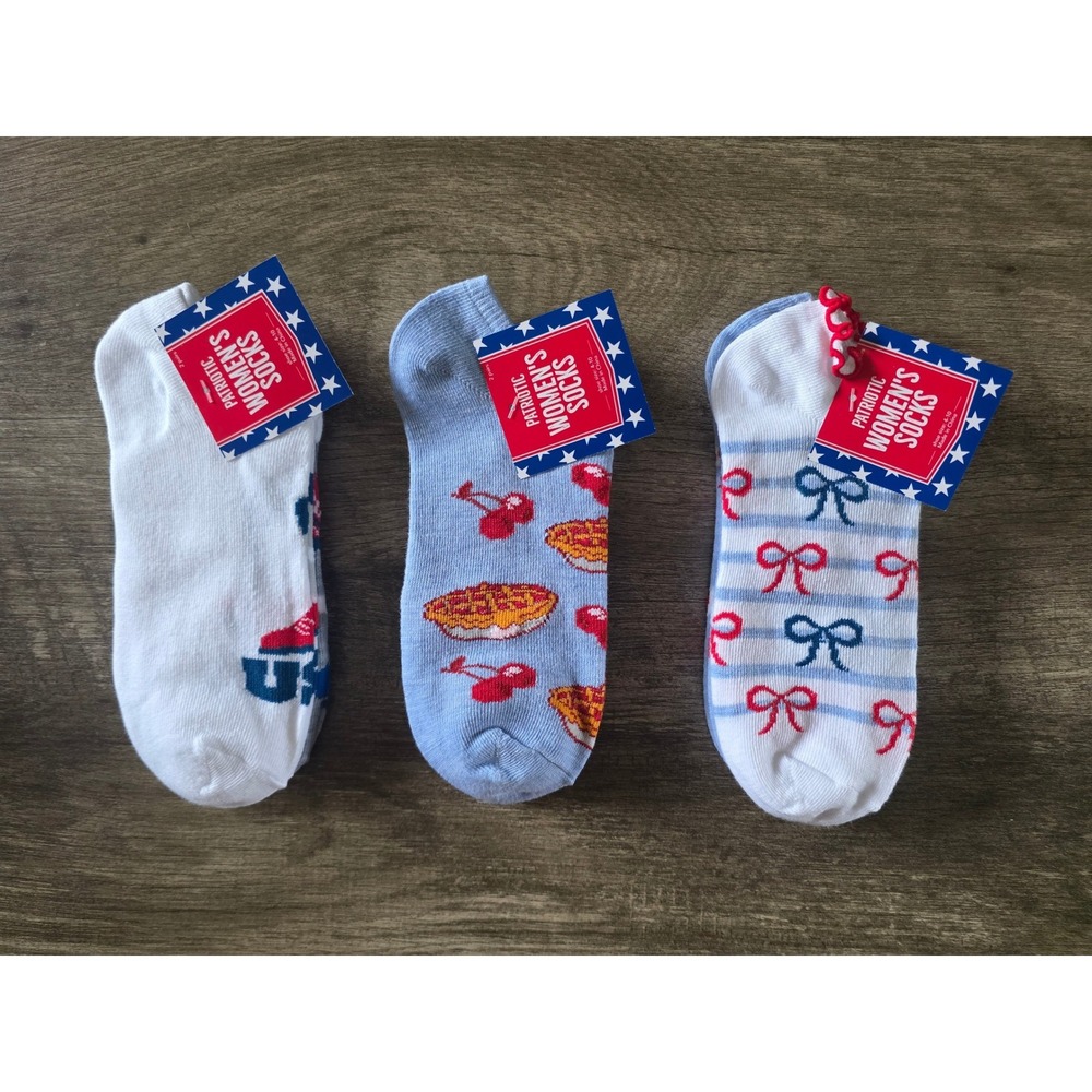 Patriotic Womens No Show Socks 6 Pair Bundle Cherry Pie Bows Cowboy Boots USA